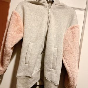 Grey zip up with pink fur sleeves
